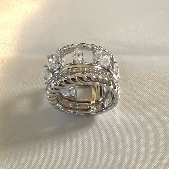 Judith Ripka Multi Shape CZ Wide Band Silver with Rhodium Ring Size 6